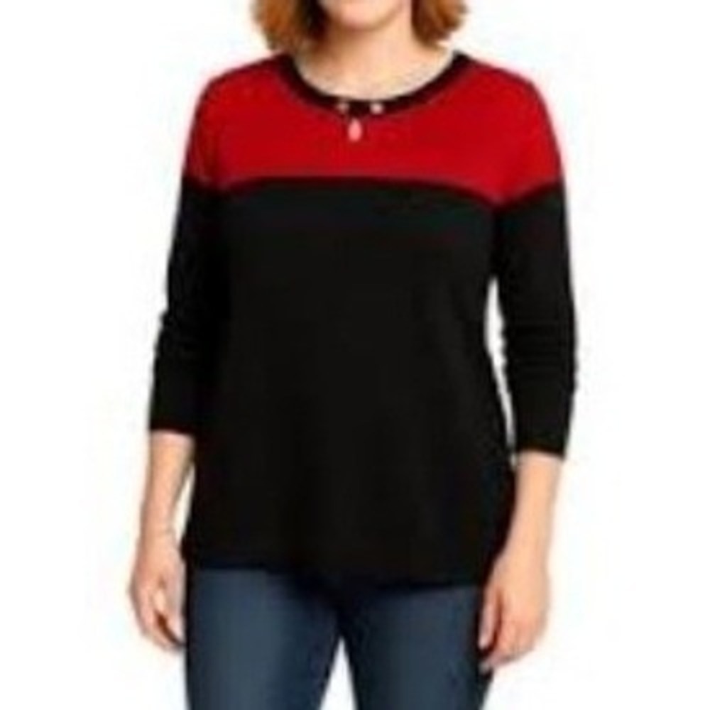 Liz Claiborne Sweater Women's Size Small Petite Red Navy Color Block Y2K Classic